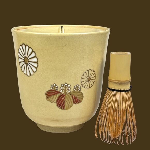 Mid Century Japanese Daisy Vintage Pottery Floral Tea Matcha Canister Jar Whisk - Picture 2 of 12